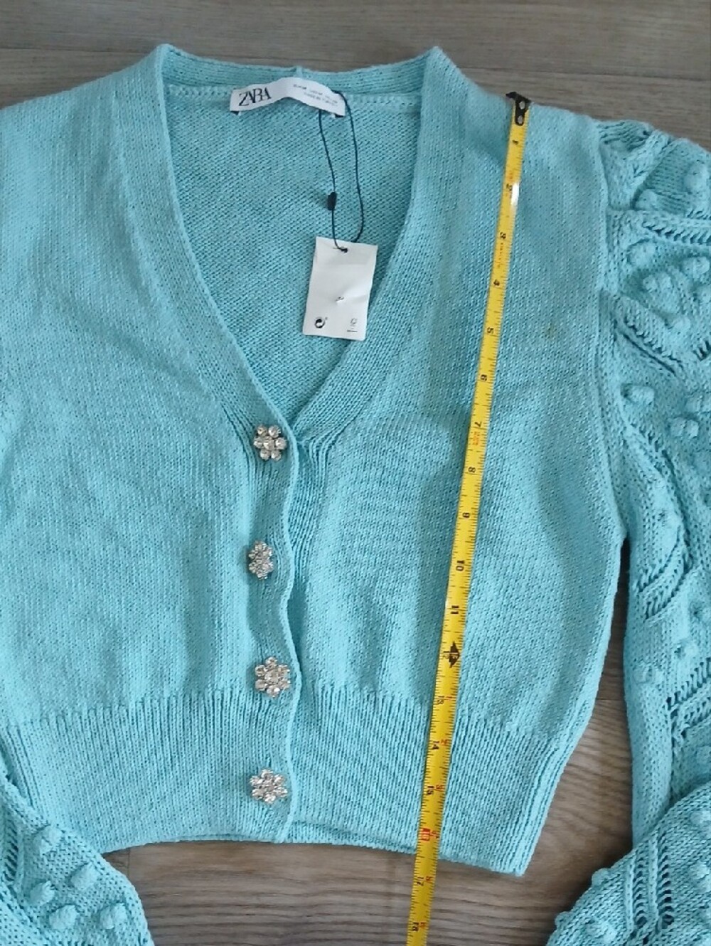Zara Blue Jewel Button Cardigan Medium Textured Puff Sleeve Knit Sweater NWT - Picture 5 of 6